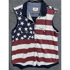 Shyanne Shirt Women M Multi USA FLAG Sleeveless Raw Pearl Snap Button Up EUC